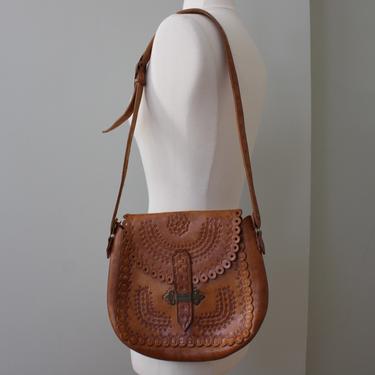 Vintage Brown Tooled Leather Long Strap Purse 