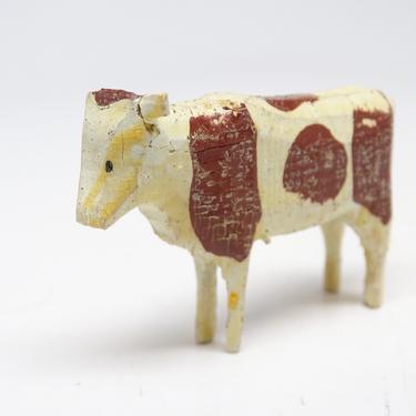 Antique German Wooden Cow, Vintage Hand Carved Hand Painted Toy for Christmas Putz or Nativity 
