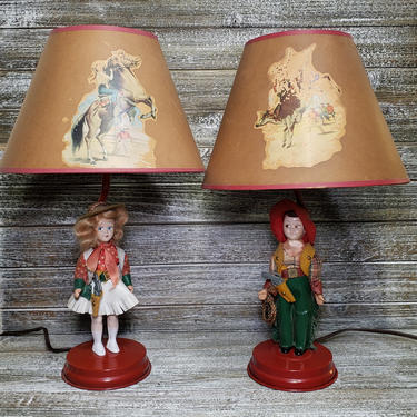 Vintage Cowboy &amp; Cowgirl Lamps + Original Shades, 1940s Country Western Decor, Boy Girl Doll Table Lamps, Kids Room Childs Vintage Lighting 