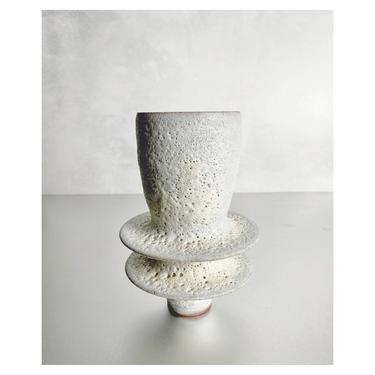 SHIPS NOW- Flanged Open Stoneware Bud Vase in Textural Crater White Glaze by Sara Paloma Pottery - rustic modern floral design vase interior 