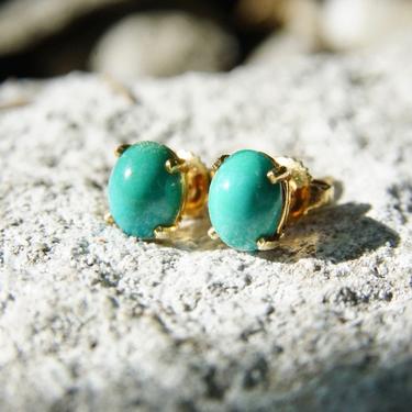 Vintage 14K Gold Turquoise Post Earrings, Yellow Gold, Prong Set Turquoise Stone, Small Oval Stud Earrings, Gemstone Jewelry, 8mm x 6mm 