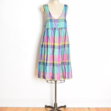 vintage 90s dress madras plaid gauze long babydoll midi dress grunge L colorful clothing 