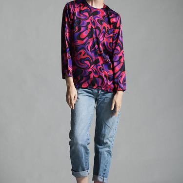 silk blouse top pink purple swirl print long sleeves flowy vintage 80s SMALL S 