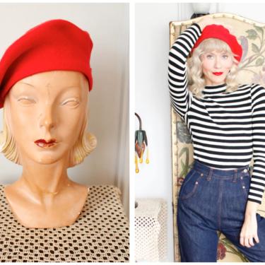 1980s Beret // Bright Red Wool Beret // vintage 80s hat 