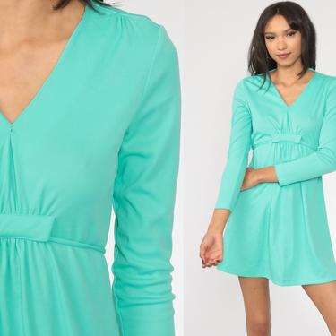 Turquoise Babydoll Dress 1970s Mod Mini Dress 70s Deep V Neck Dress Party Empire Waist Vintage Long Sleeve Plain Small S 