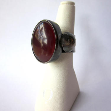 Vintage Oversize Modernist Carnelian Red Glass Giant Oval Cabochon Stunning Brutalist Style Sterling Silver Chunky Statement Ring 