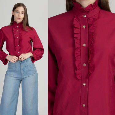 70s Raspberry Red Ruffle Trim Blouse - Medium | Vintage Button Up High Long Sleeve Collared Top 
