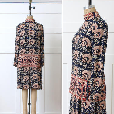 designer vintage 1960s Suzy Perette silk dress • mod batik print navy blue 2 pc dress set 
