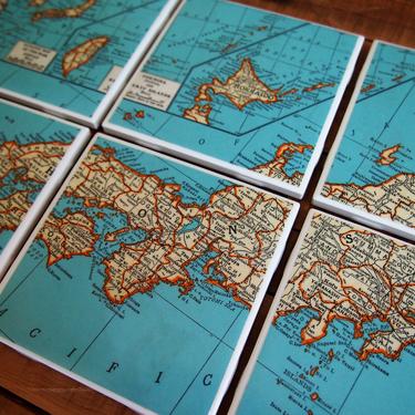 1946 Japan Vintage Map Coasters Set of 6 - Ceramic Tile - Repurposed 1940s Rand McNally Atlas - Handmade - Tokyo - Japanese Decor - Asia 