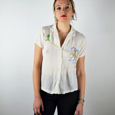 Vintage 40s 50s Womens Western Shirt / Vintage 1940s 1950s Western Shirt / 1960s 60s Womens Western Blouse/ White Gold Embroidery XS Small 