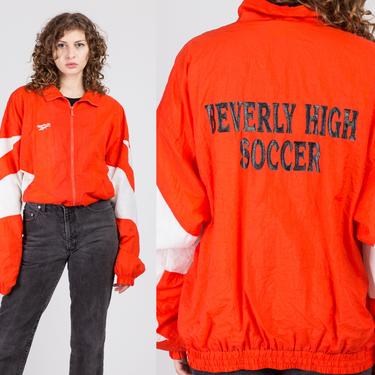90s Neon Orange Reebok Windbreaker Jacket - Men's Large | Vintage Color Block Zip Up Oversize Streetwear Jacket 