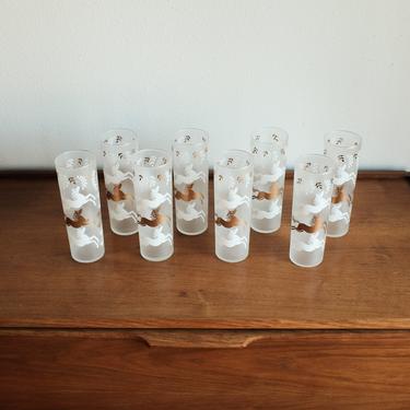 1960's Mid Century Libbey Highball Cavalcade Bar Glasses / Collins Frosted Bar Glasses / Jumping white and gold horses / MCM barware 