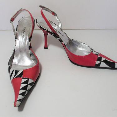 Vintage Dolce & Gabbana Shoes, slingback stilettos, pink black white, size 37 1/2 Women 