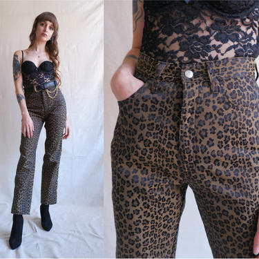 Vintage 90s Fendi Leopard Print Pants/ 1990s High Waisted Straight Leg Animal Print Designer Jeans/ Size Small 26 