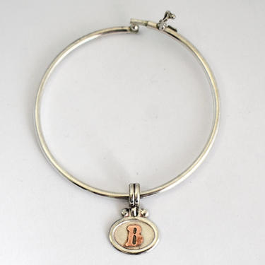 Classic 60's sterling 18K gold single charm bangle, traditional 925 silver initial B rose gold mid-century stacking bracelet 
