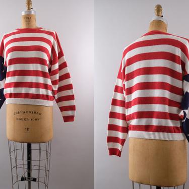 Vintage 90s Perry Ellis American Flag Cotton Knit Sweater Medium 