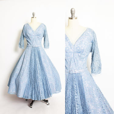 Vintage 1950s Dress Blue Lac Full Skirt Pleated 50s Large L 