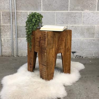 Vintage Side Table Retro 1990s Handmade + Brown Walnut Wood + Square Shaped Stool + Rustic or Contemporary + Plant Stand + End Table 