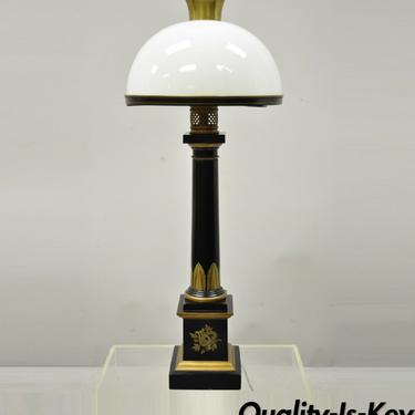 French Empire Tole Metal Column Black Gold Bouillotte Desk Table Lamp with Shade