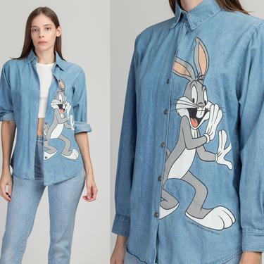 90s Bugs Bunny Chambray Button Up Shirt - Small | Vintage Disney Jerry Leigh Graphic Long Sleeve Collared Top 