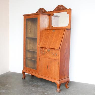 Tiger Oak Side by Side Cabinet / Vanity / Desk with Mirror Antique 