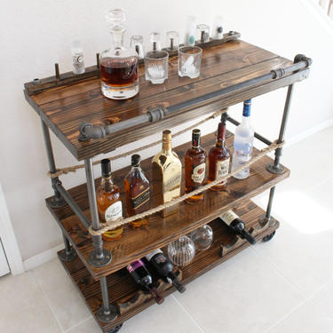 Rustic Pipe Bar Cart - Industrial Pipe &amp; Wood bar / Unique bars / whiskey bar / wine cart / kitchen island / rollaway bar / rustic furniture 