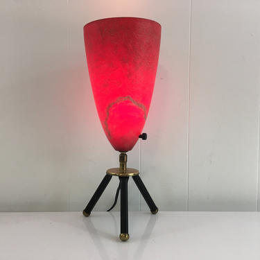 Vintage Red Tripod Table Lamp Desk Light Fiberglass Lampshade Home Decor MCM Mad Men Mid-Century 1960s Retro Accent Lighting Brass Atomic 