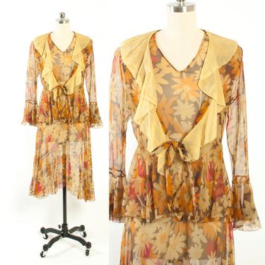 Vintage 20s DRESS & JACKET Set / 1920s Sheer Floral Print Silk Chiffon Sleeveless Dress and Ruffled Jacket XS 