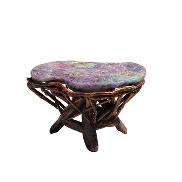 Crystal Jade Stone Top Bamboo Wood Stick Base Accent Stool Stand Table cs6169E 