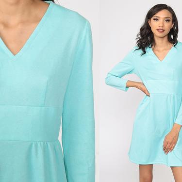 Blue Babydoll Dress 1970s Mod Mini Dress 70s Deep V Neck Dress Party Empire Waist Vintage Long Sleeve Plain Small S 
