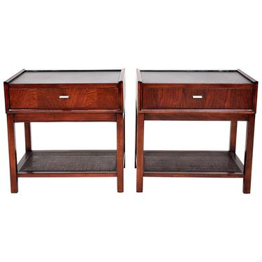 Pair of Rosewood and Cane Nightstands or Side Tables by Founders 