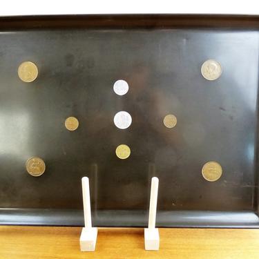 Vintage Couroc of Monterey 18&quot; Tray | Inlaid World Coins | South Africa Switzerland Spain Indochinese | 1940s 1950s 
