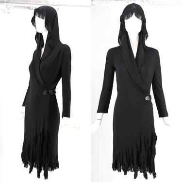 Jean Paul Gaultier hooded dress / vintage JPG black jersey fringed dress with buckle and hood sz 6 