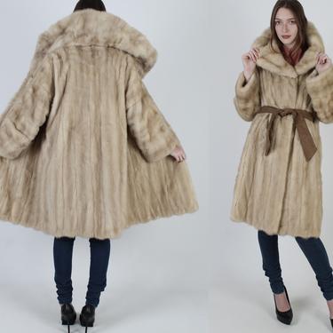 Vintage 60s Blonde Mink Trench Coat / Plush Ivory Fur Full Collar Belted Jacket / Huge Stand Up Fur Under Shawl Collar 