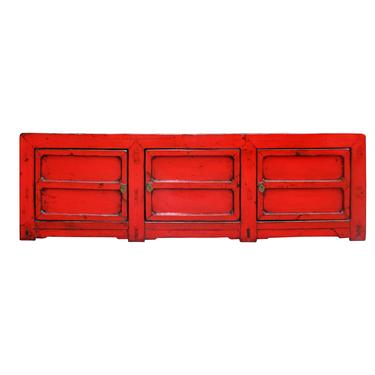 Chinese Distressed Red Lacquer Low Long TV Console Cabinet cs4886S