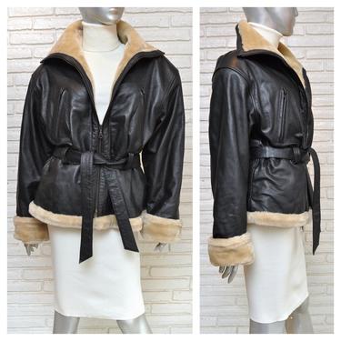 Vintage Black Leather Aviator Jacket Women’s 80’s Belted Pilot Bomber with Faux Shearling Lining 