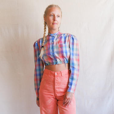 Vintage Cropped Checked Puff Sleeve Blouse/ 1980s Button Up Rainbow Check Long Sleeve Top/ Size Small 