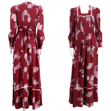 70s PHASE II floral prairie maxi dress 7 / vintage 1970s cranberry peasant dress gown M 