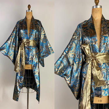 80s Metallic Lame Kimono /Golden Kimono Robe / Maxi Kimono / Wedding Nightgown / Bridal Robe / Duster Kimono / One Size 