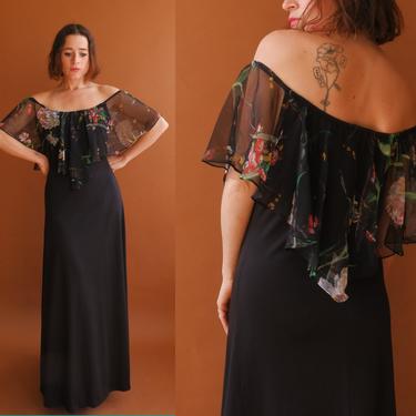 Vintage 70s Flutter Sleeve Maxi Dress/ 1970s Black Floral Long Dress/ Size Small Medium 