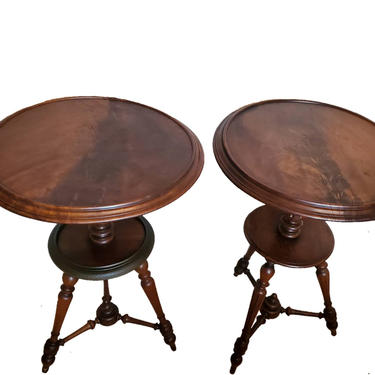 Rare French Antique Flame Mahogany Dish-Top Tea Side Table Pair from late 19th / early 20th century - tiered, pedestal, tripod, round tray 