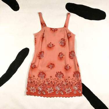 90s Pink and Red Floral Rayon Slip Dress / Size 8 / Dots / Sleeveless / Scalloped Hem / Medium / Wide Spaghetti Straps / Peach / Grunge / M 
