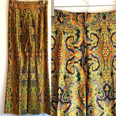 Amazing 70s PSYCHEDELIC Paisley Print Pants / Bell Bottom + High Waist + No Pockets 