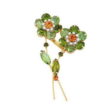 1960s Green & Orange Rhinestone Flower Brooch - 1960s Floral Rhinestone Brooch - Vintage Spring Green Rhinestone Brooch - 60s Flower Pin 