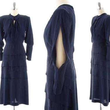 Vintage 1940s Dress | 40s Navy Blue Rayon Split Slit Sleeve Keyhole Midi Formal Evening Gown (small) 