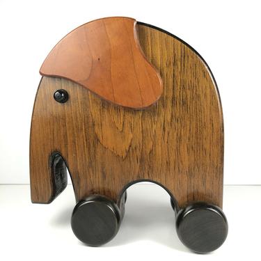 Vintage Modern Wooden Wood Stylized Wheeled Elephant Push Toy Figurine