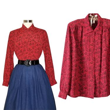 Vintage Floral Blouse, Medium / Red & Black Rose Print Button Blouse / 1940s Style Pleated Cocktail Blouse / Womens Long Sleeve Dressy Shirt 