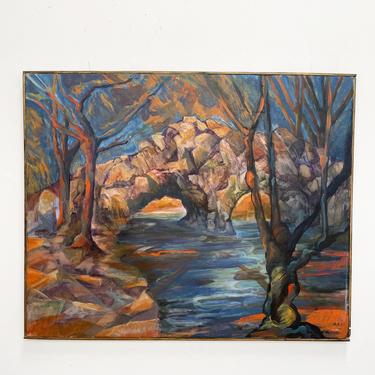 Vintage Cubist Landscape Painting Abstract Caves Water Tree 90s 