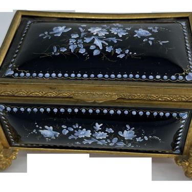 19th Century Limoges Hand Painted Porcelain Keepsake Box With Brass Footing 