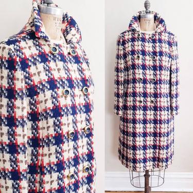 1960s Plaid Weave Coat Double Breasted Button Closure / 60s Brody Red Blue White Woven Mod Coat / M 